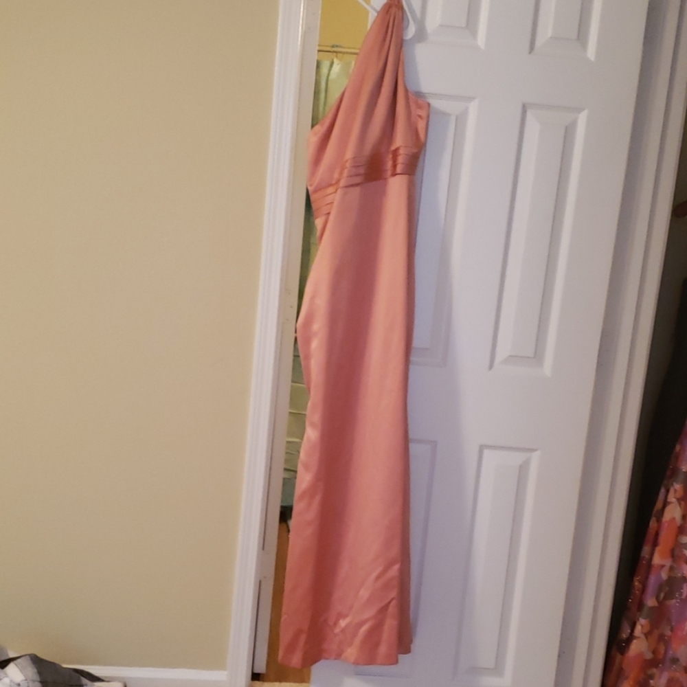 Peach toned one shoulder prom dress